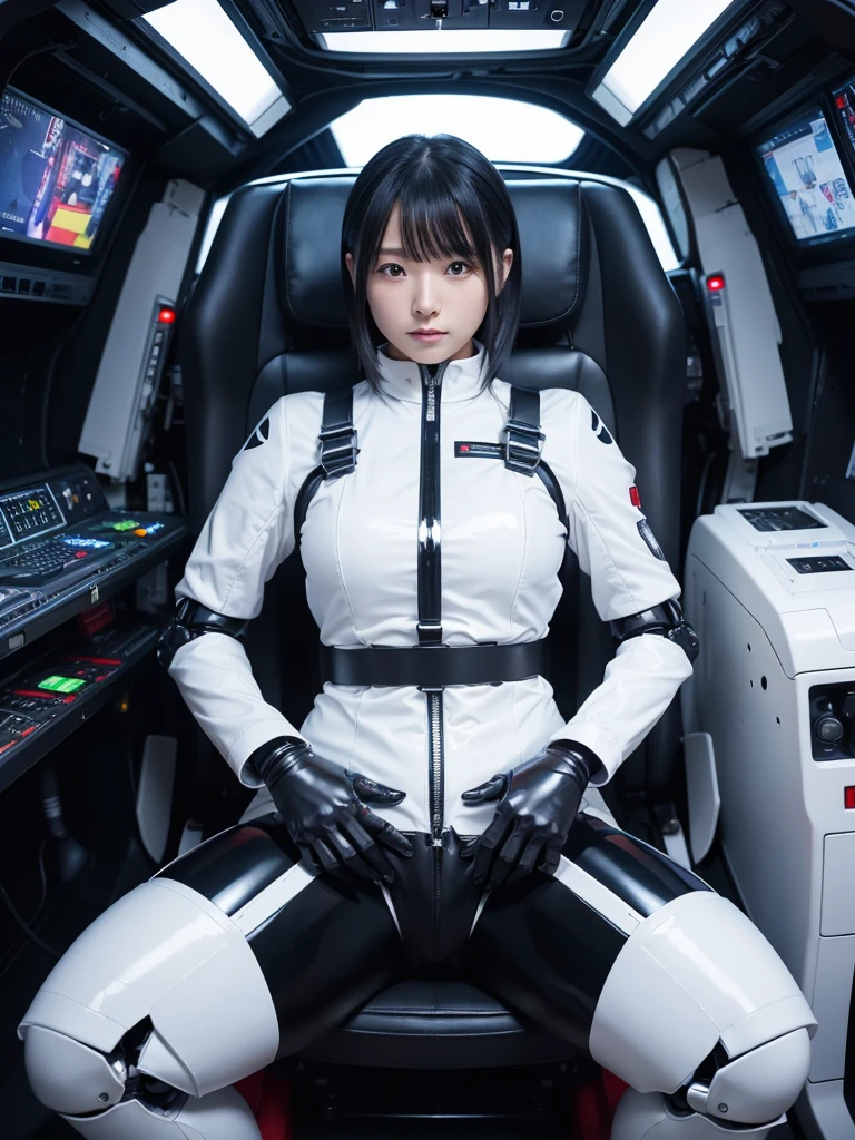 Japanese female android,Black Hair,He is fully secured to his seat in the cockpit by a thick harness.,Plump,Slightly thicker,Spread your legs,Squat,Shiny white robot suit,Robotic arms and legs,Surrounded by switches and monitors,