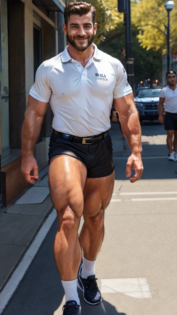 A man 42yo with atletic body walking on street, very shiny body, wearing white sportive short, 2d drawn style, large lips, Wide shoulders , too much  light particles , naughty smile, tight esportive uniform, Black wavy hair fade , belt side bulge , muscular hairy chest, standed, staring at camera, long legs.