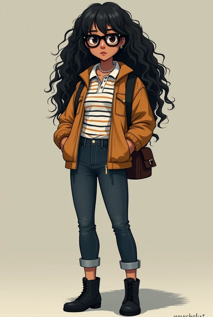 Girl 150 meters tall,wear black booties, striped polo shirt, classic neutral dark jeans, classic jacket, chocolate brown backpack, pearl chain, sunglasses, long curly black hair with medium bangs, light brown complexion, cock nose,dark brown eyes, measures 90,80,85.