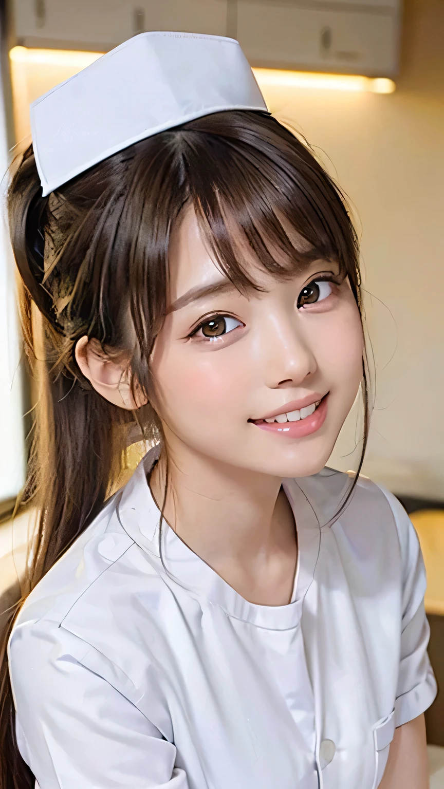 (Ultra HD, DSLR photography, 8k, highest quality, high resolution, premium quality, highest resolution, very beautiful woman, perfect anatomy), light brown eyes, very light brown eyes, small diamond-shaped earrings, looking directly at the camera, beautiful brown hair, ((baby face, loose and cute medium ponytail)), very short and beautiful bangs on brown hair, E-cup chest, showing a beautiful décolletage, very beautiful 20-year-old, lip gloss, smiling very happily, very cute smile, upper teeth, beautiful teeth, (bright hospital room (background only)), slightly large eyes, small face, tall supermodel, beautifully shaped model, random cute gravure photo poses, dynamic angle, eye focus, head tilt, very detailed and realistic, very beautiful 20-year-old, ((medium shot)), sharp jawline, ((nurse in white uniform)), deep waistline, sexy legs, side view, smiling very happily, laughing, summer daytime.