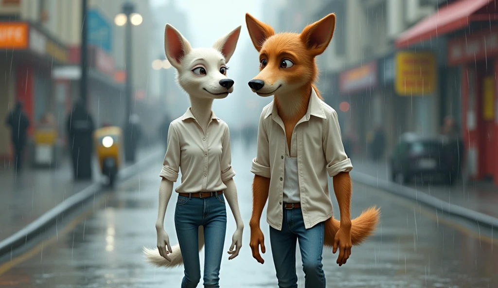A bony white female dog and male dog walking like human, they are dressed in a white blouse and jeans, walking in the rain