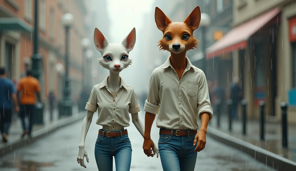 A bony white female dog and male dog walking like human, they are dressed in a white blouse and jeans, walking in the rain