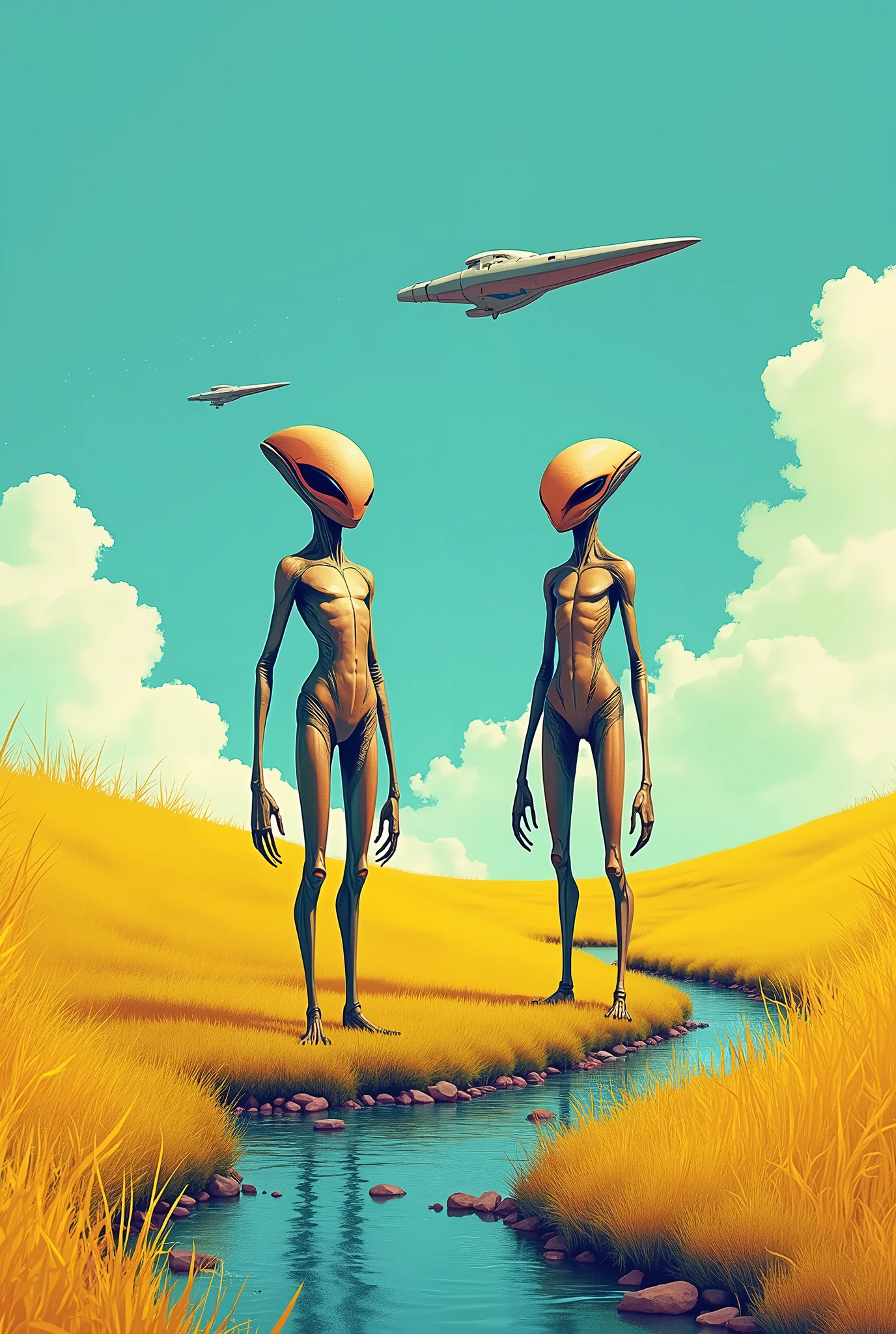 A pair of Extra Planetary Biped in a field of Yellow grass, Near a Water Stream, Clear Sky with a Vessel Approaching. Pop Color. Wind Particles.