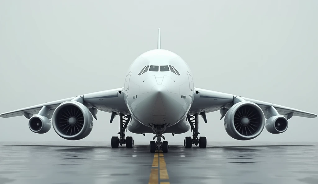 Create a large aircraft with six turbofan engines, each mounted on the wings in a triple configuration on each side. The aircraft has four sets of main landing gear, two on each wing, and a pair of smaller landing gear located at the wingtips for stability. The plane&#39;s fuselage is white, with minimal details to highlight its structure and aerodynamic design. The wings are robust and well defined, reflecting the power of the engines and the weight-bearing capacity of the aircraft.