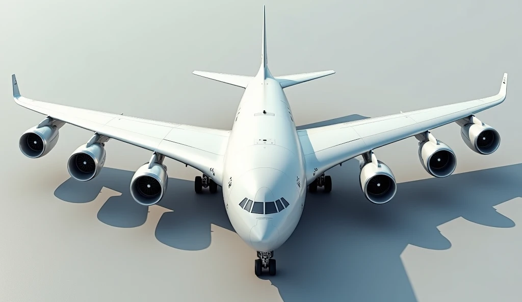 Create a large aircraft with six turbofan engines, each mounted on the wings in a triple configuration on each side. The aircraft has four sets of main landing gear, two on each wing, and a pair of smaller landing gear located at the wingtips for stability. The plane's fuselage is white, with minimal details to highlight its structure and aerodynamic design. The wings are robust and well defined, reflecting the power of the engines and the weight-bearing capacity of the aircraft.