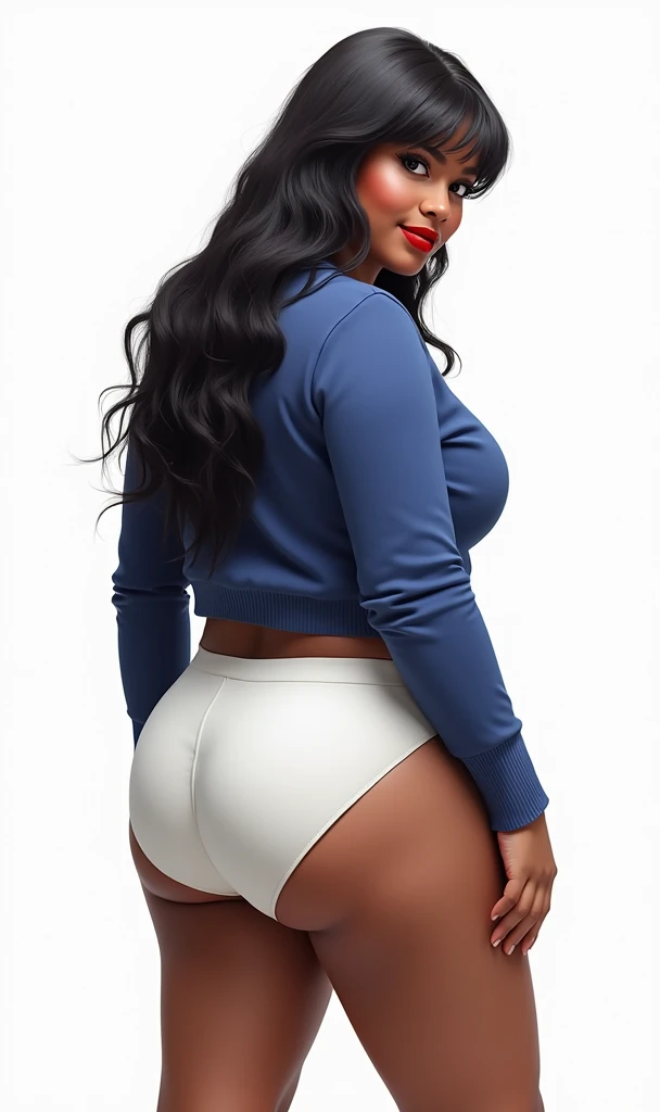 (masterpiece, best quality)), ((((perfect anatomy)))), Heavyset black woman with long black hair, dark eyeshadow, dark red lipstick, blue sweater, (((big white cotton panties))), big booty, smiling, standing in her bedroom, (((photo realistic))), ((90's film, 90's movie scene, 90's TV Style))