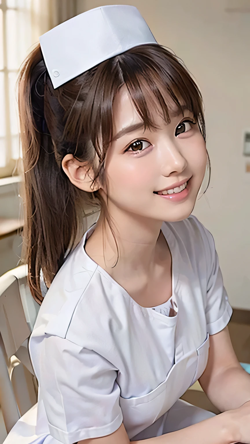 (Ultra HD, DSLR photography, 8k, highest quality, high resolution, premium quality, highest resolution, very beautiful woman, perfect anatomy), light brown eyes, very light brown eyes, small diamond-shaped earrings, looking directly at the camera, beautiful brown hair, ((baby face, loose and cute medium ponytail)), very short and beautiful bangs on brown hair, E-cup chest, showing a beautiful décolletage, very beautiful 20-year-old, lip gloss, smiling very happily, very cute smile, upper teeth, beautiful teeth, (bright hospital room (background only)), slightly large eyes, small face, tall supermodel, beautifully shaped model, random cute gravure photo poses, dynamic angle, eye focus, head tilt, very detailed and realistic, very beautiful 20-year-old, ((medium shot)), sharp jawline, ((nurse in white uniform)), deep waistline, sexy legs, side view, smiling very happily, laughing, summer daytime.