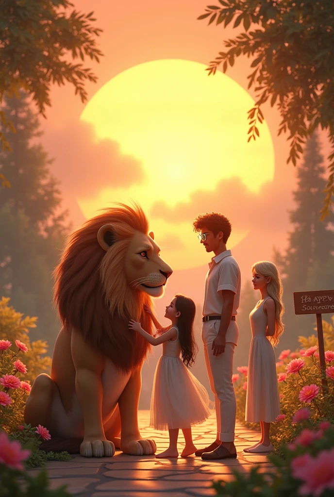 Realism Wonderful shining sunset, with beautiful flowers in a vast and splendid Garden.
03 people in this image.
little white, long black hair, white gown brincando com um Leão.
tall white woman, Long curly blonde hair, white gown.
tall white man, curly black hair, sem beard, transparent blue glasses, white outfit.
Stone name plate: Happy Saturday.
4k realism
