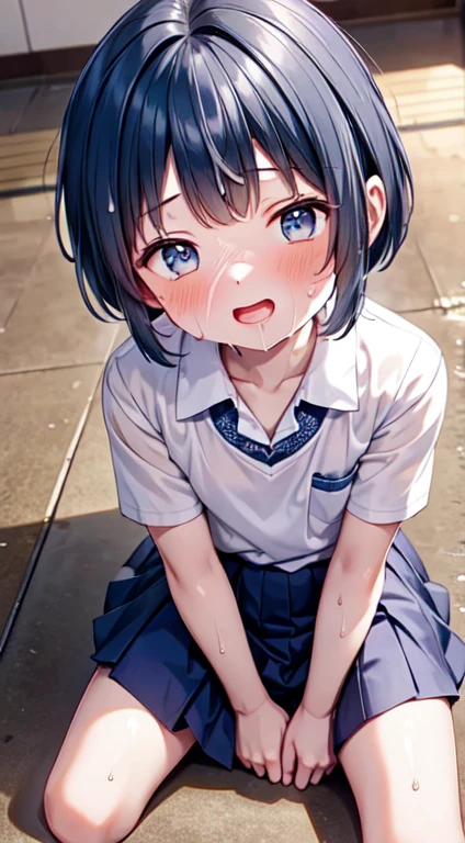 Highest quality,Ultra-wide angle composition、Elementary school girl Sweaty face cute short hair boyish My hair is wet with sweat I like face sitting