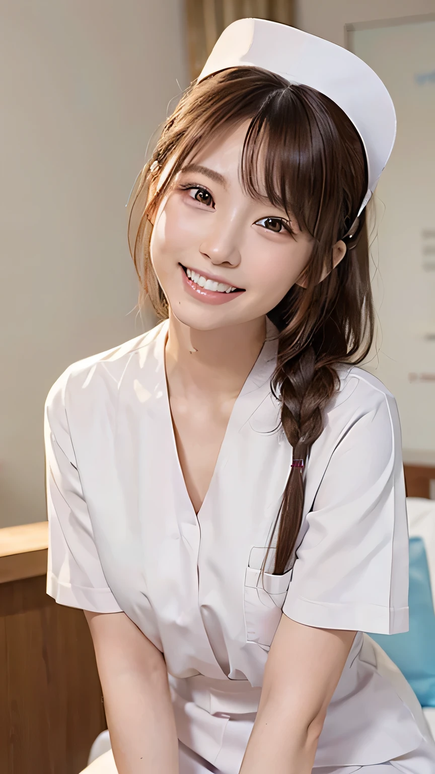 (Ultra HD, DSLR photography, 8k, highest quality, high resolution, premium quality, highest resolution, very beautiful woman, perfect anatomy), light brown eyes, very light brown eyes, small diamond-shaped earrings, looking directly at the camera, beautiful brown hair, ((baby face, loose and cute medium ponytail)), very short and beautiful bangs on brown hair, E-cup chest, showing a beautiful décolletage, very beautiful 20-year-old, lip gloss, smiling very happily, very cute smile, upper teeth, beautiful teeth, (bright hospital room (background only)), slightly large eyes, small face, tall supermodel, beautifully shaped model, random cute gravure photo poses, dynamic angle, eye focus, head tilt, very detailed and realistic, very beautiful 20-year-old, ((medium shot)), sharp jawline, ((nurse in white uniform)), deep waistline, sexy legs, side view, smiling very happily, laughing, summer daytime.