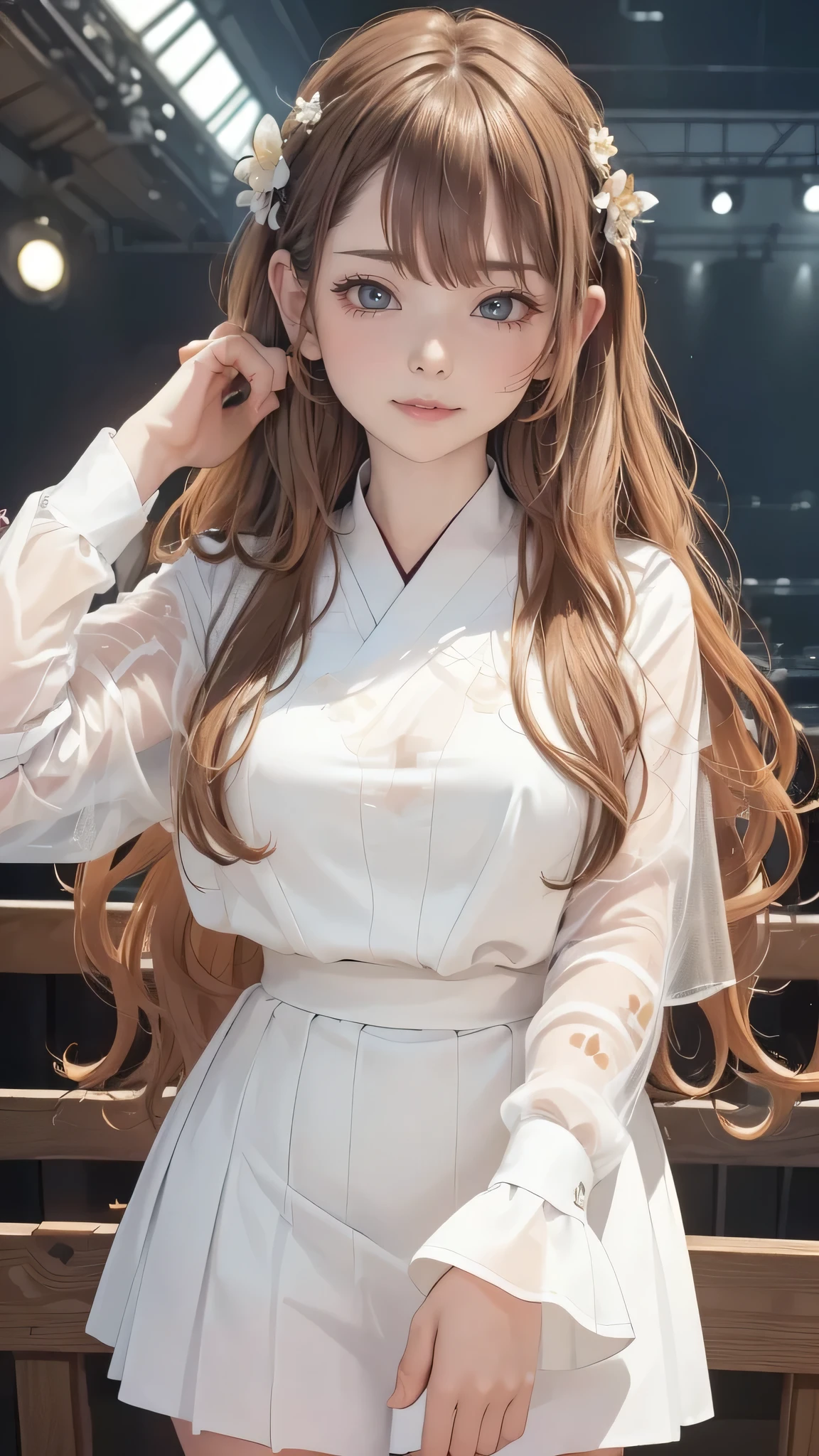 Realistic, masterpiece, highest quality, Highest Resolution, one Japanese high school girl, , Upper body photo, Looks sleepy, Spaced out, Mouth open, Beautiful and detailed eye drawing, (droopy eyes:1.3), Dark Eyes, Thin eyebrows, Carefully draw eyelashes, Eyelash extensions, Gal Makeup, Orange teak, (White brown wavy hair with white mesh, long hair, middle part:1.3), (hidden creased eyelids:1.3), (Gothic school uniform:1.2), (The subject was photographed from above at an angle:1.3), (Flower Field:1.3), (Close up on face, Standing up and trying to grab the audience:1.5)