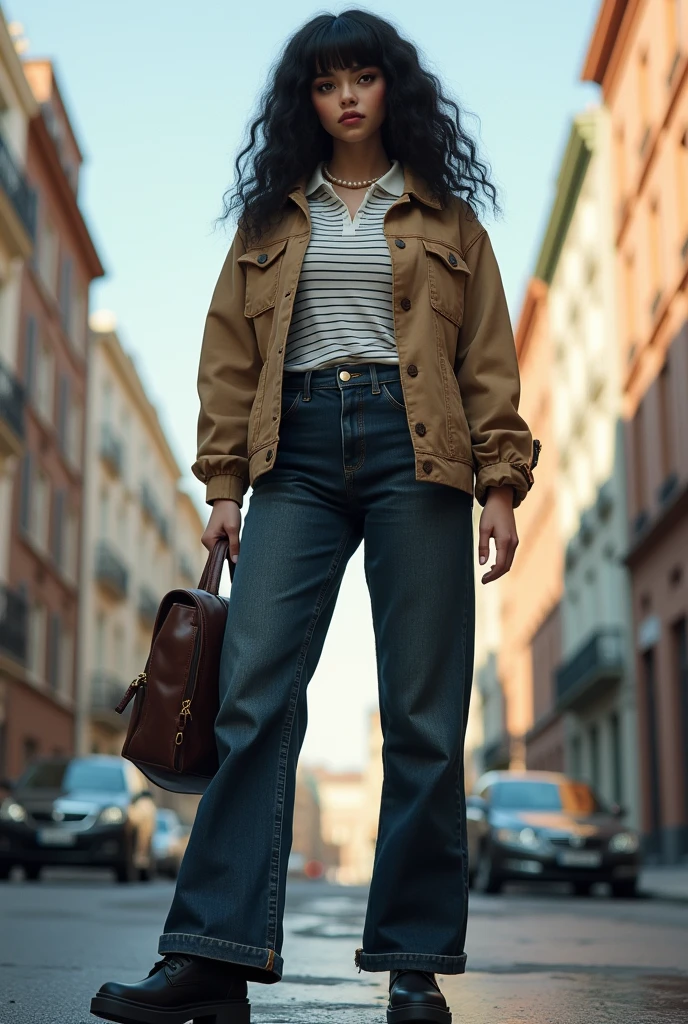 Girl 150 meters tall,wear black booties, striped polo shirt, classic neutral dark loose jeans, classic jacket, chocolate brown backpack, pearl chain, sunglasses, long curly black hair with medium bangs, light brown complexion, cock nose,dark brown eyes, measures 90,80,85.