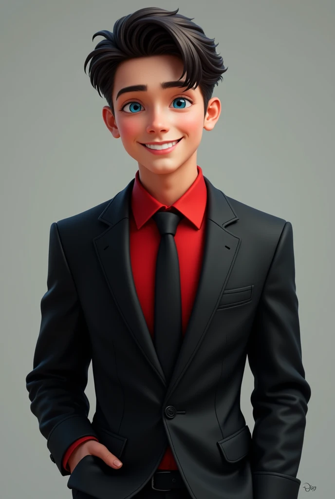 White boy with black hair and blue eyes smiling and wearing a black suit with a black tie and a red shirt