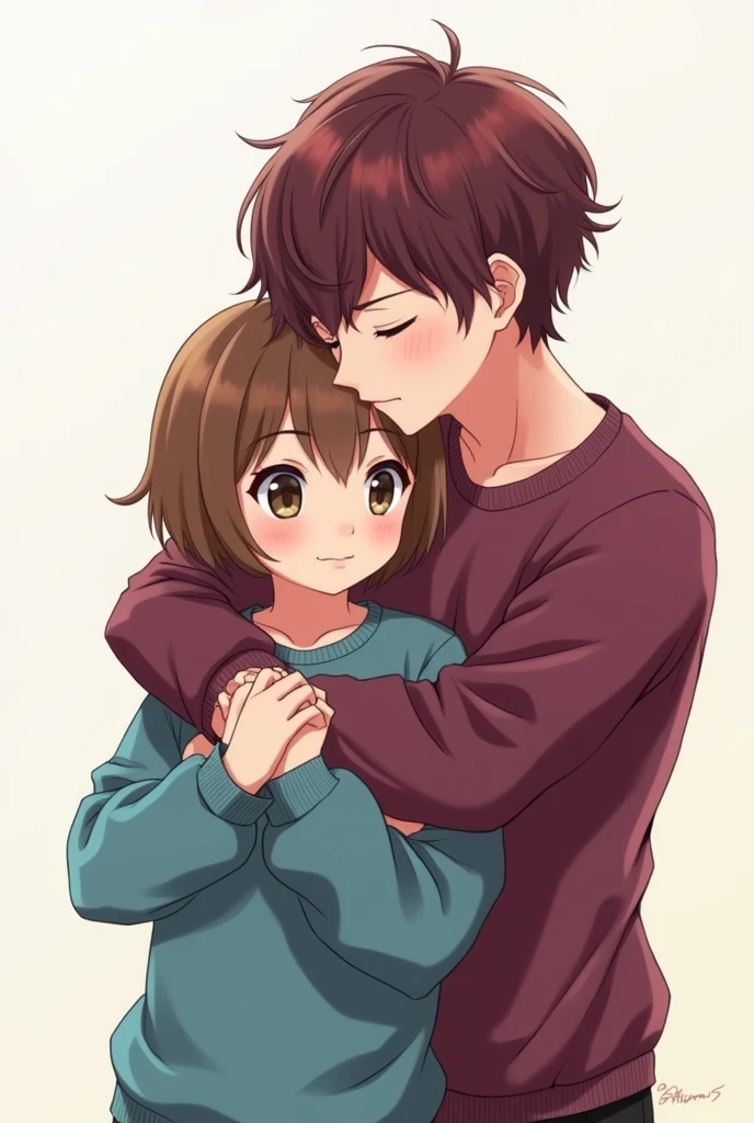 Anime Style - One , lowrise, short hair and brown eyes, wearing a cyan sweatshirt, embracing a higher one, wearing a wine-colored sweatshirt and short, curly hair.