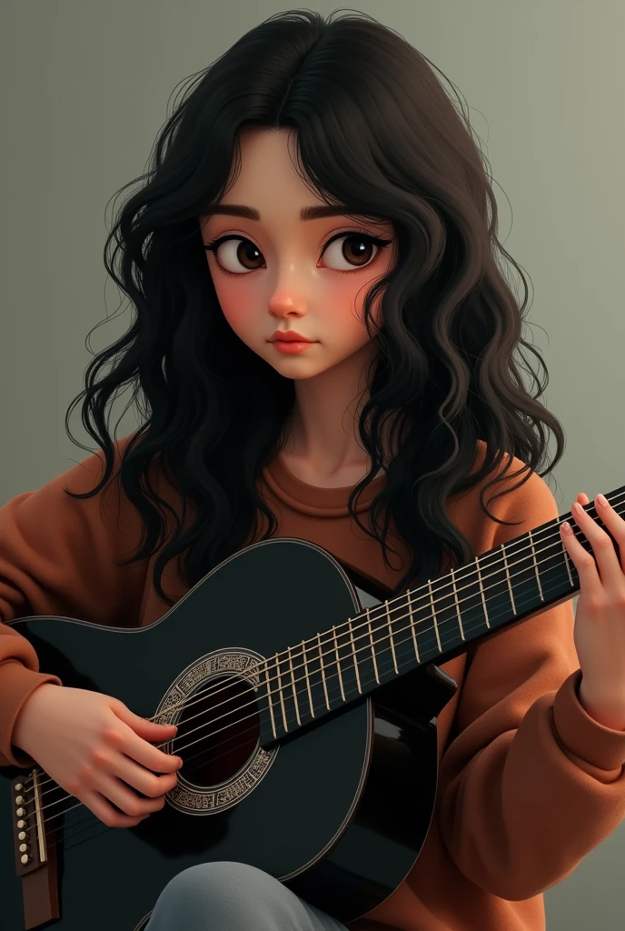 one with long, slightly curly 2c hair , more or less light skin playing a black nylon guitar,
teenage oval face 