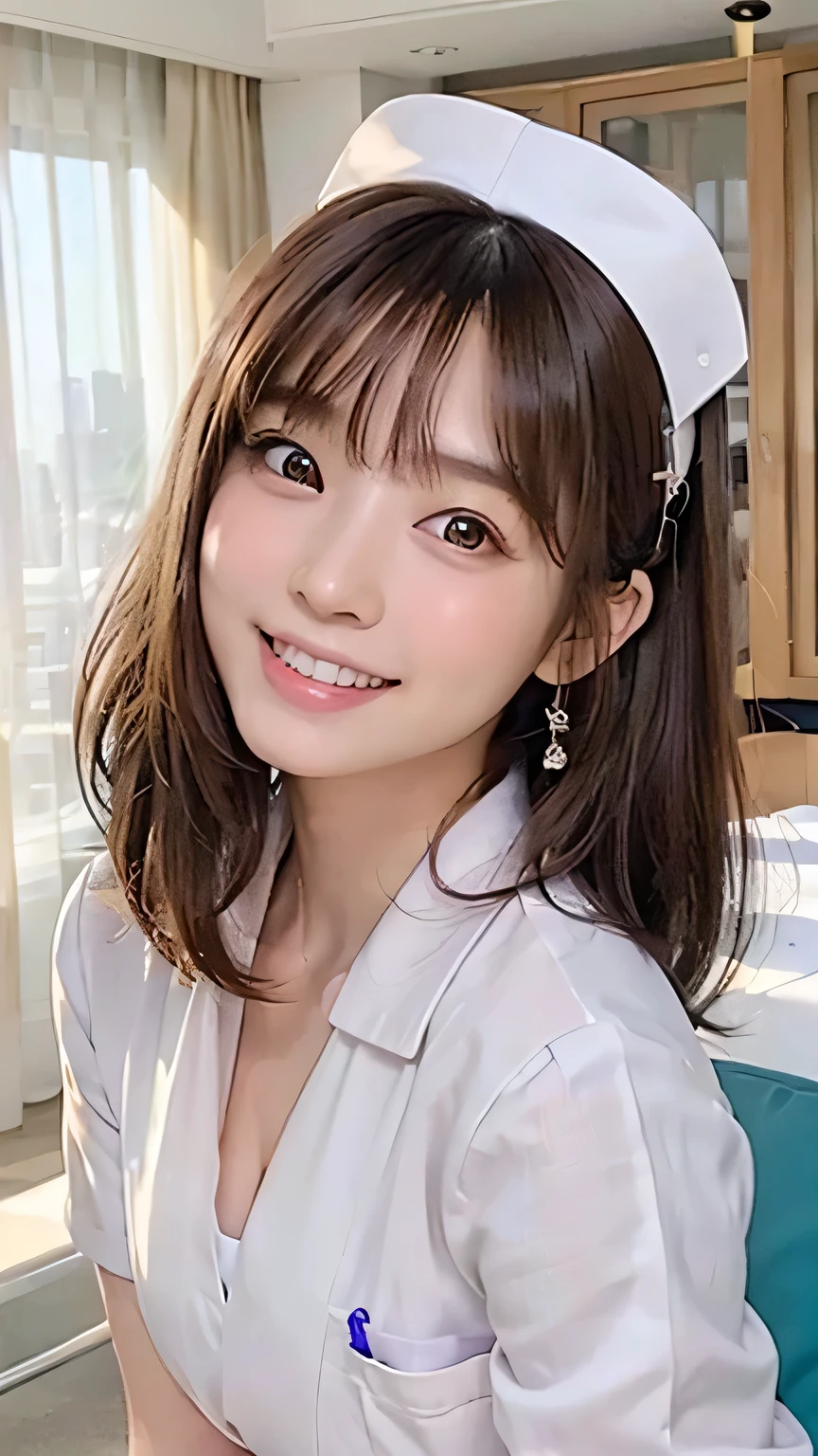 (Ultra HD, DSLR photography, 8k, highest quality, high resolution, premium quality, highest resolution, very beautiful woman, perfect anatomy), light brown eyes, very light brown eyes, small diamond-shaped earrings, looking directly at the camera, beautiful brown hair, ((baby face, loose and cute medium ponytail)), very short and beautiful bangs on brown hair, E-cup chest, showing a beautiful décolletage, very beautiful 20-year-old, lip gloss, smiling very happily, very cute smile, upper teeth, beautiful teeth, (bright hospital room (background only)), slightly large eyes, small face, tall supermodel, beautifully shaped model, random cute gravure photo poses, dynamic angle, eye focus, head tilt, very detailed and realistic, very beautiful 20-year-old, ((medium shot)), sharp jawline, ((nurse in white uniform)), deep waistline, sexy legs, side view, smiling very happily, laughing, summer daytime.