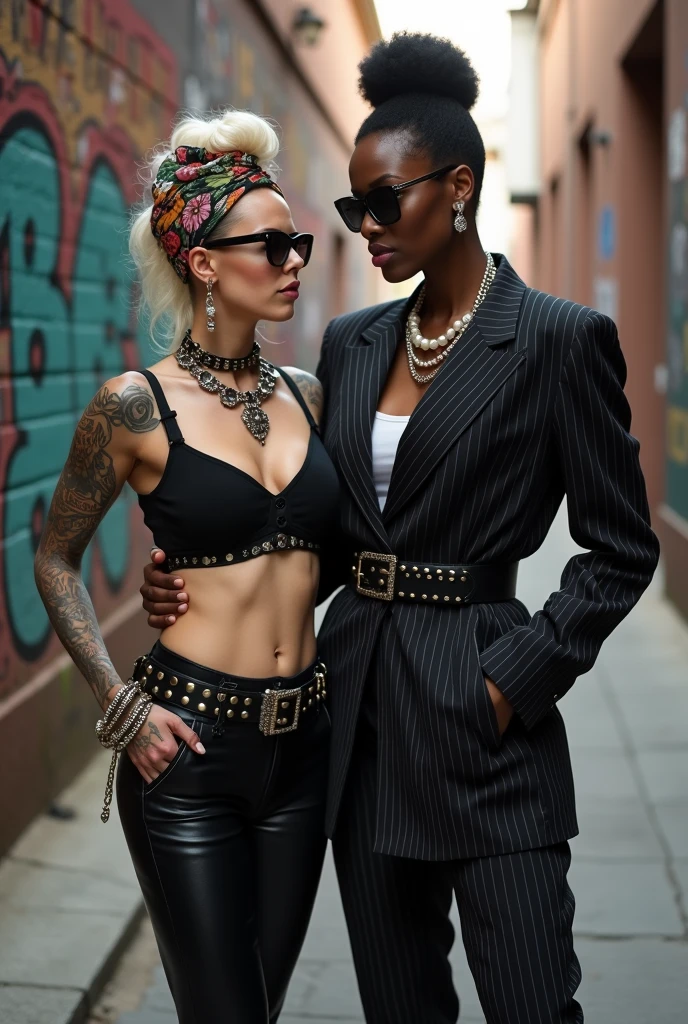 Two russian old milf women: the dominant aggressive dark skinned black woman in business pinstripe suit (jacket and trousers), black heeled shoeslong nails and afro hair, standing up with separated legs and possessive stance showing off her new white girlfriend to the camera (arm around her girlfriends' neck squishing her tightly, touching the neck of the white woman with her other hand, like a predator on her prey). Next to her, her white rich drunk girlfriend looks at the camera (white woman is very pale: pale face, pale neck, pale chest, pale arms, pale hands, pale stomach, pale leg), white woman stretches her neck and looks at the camera feeling overwhelmed by her girlfriend. white woman is shy and submissive, feeling dizzy and needy white woman is being seduced. White woman stands up on her tiptoes, White woman"s body is twisted and unstable, the hands of white woman in her pockets. with hands on her belt. White woman dresses in rock chic style: Black skinny leather low rise jeans with white seams, platinum blonde hair (pouf, top bun, wide colourful bandana as headband) and oversized square sunglasses as headband. Big lips with no makeup. Black studded leather push up bra, big breasts. Barefoot.. Lots of thick wide studded bracelets in the wrists of the white woman, big pearl necklaces around the necks of the white woman, and big rings, Pearl earrings. Wide loose studded belt with big solid buckle. Loose chains and studded belts around the hips of the white woman. White woman is lazy, leaning on her girlfriend.. The white woman is densely tattooed on neck, tattoed chest, tattoed arms, tattoed stomach, tattoed legs, wrists and feet. White woman has well Toned abdominals, thin neck, slim legs and thin arms. White woman has Narrow hips and noticeable tigh gap. The body of the white woman is twisted in a lazy posture. Full body. On a narrow street with graffitied walls
