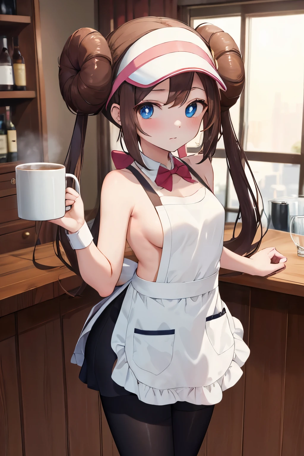 apron, bar, Mug, Newly Married, heart, 14yo, shy, Sideboob, ((Small breasts)), masterpiece, highest quality, High resolution, ro1, Hair Bun, Blue eyes, Twin tails, Visor Cap, pantyhose, NUDE, Black Stockings,