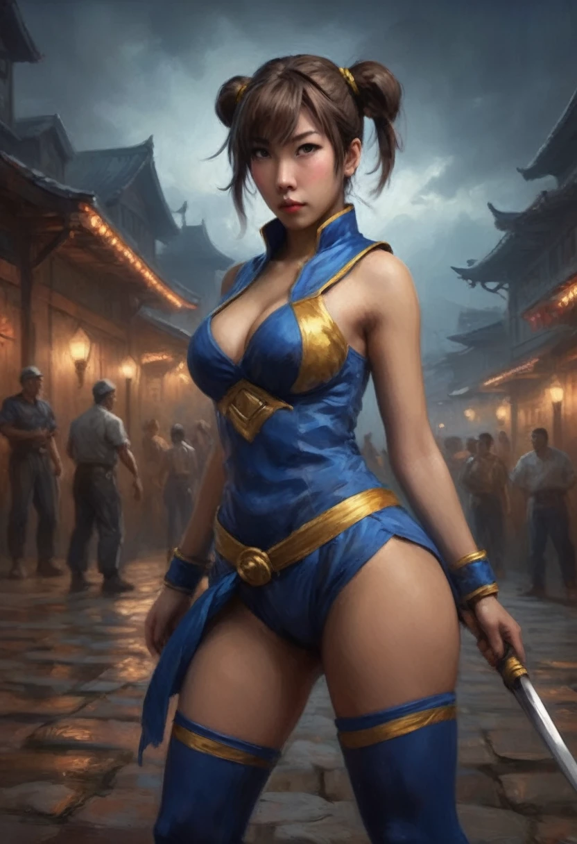 1 cute yuna, sexy chun li outfit, is in a fighting stance ready to face zombies and other terrible monsters, halloween night, view from low angle focused on her butt, (best quality,4k,8k,highres,masterpiece:1.2),ultra-detailed,(realistic,photorealistic,photo-realistic:1.37),HDR,UHD,studio lighting,ultra-fine painting,sharp focus,physically-based rendering,extreme detail description,professional,vivid colors,bokeh,dark fantasy,horror,action,battle,cinematic,dramatic lighting