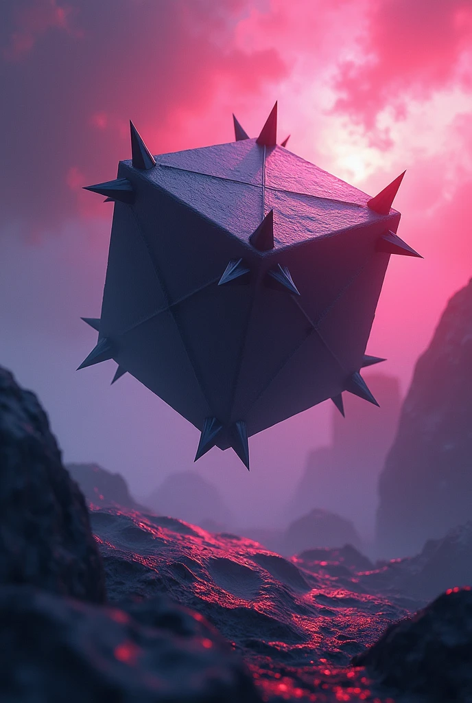Cube with spikes floating in the sky, bright dark color.