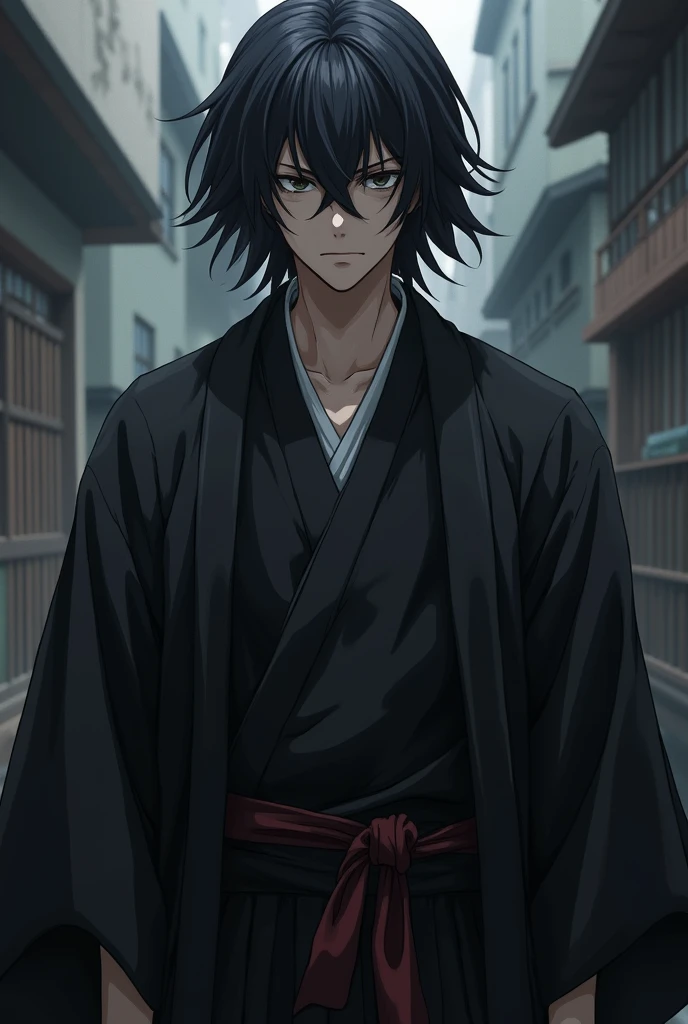 Yorichi from demon slayer serious with black hair and black haori