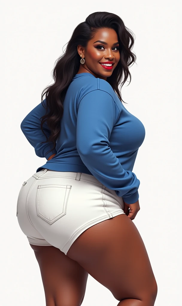 (masterpiece, best quality)), ((((perfect anatomy)))), Heavyset black woman with long black hair, dark eyeshadow, dark red lipstick, blue sweater, (((big white cotton panties))), big booty, smiling, standing in her bedroom, (((photo realistic))), ((90's film, 90's movie scene, 90's TV Style))