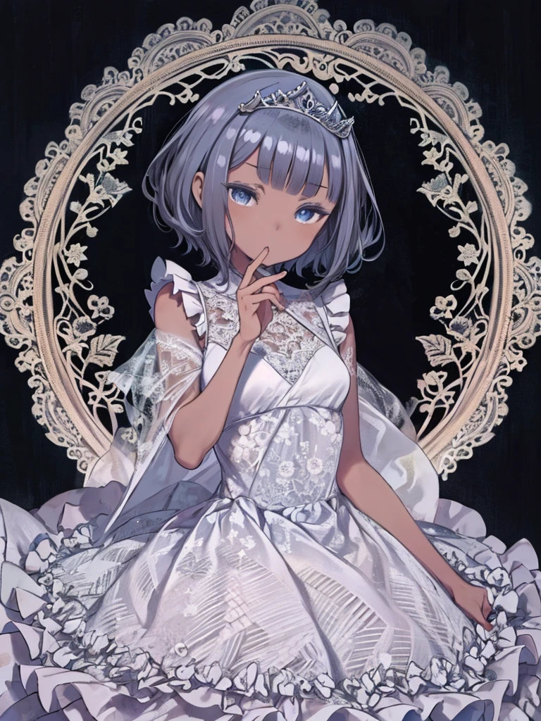 masterpiece, Highest quality, Very detailed, High resolution, Japanese anime,One girl, (Dark Skin:1.2), Golden Hair, (short hair:1.4), (Blunt bangs:1.3), Curly Hair, Wavy Hair, Drill Hair, (eyelash:1.3), (eye shadow:1.3), (blue eyes:1.5), (Beautiful attention to detail:1.4), Eyes half closed, Height: 130cm, original character, Fantasy, (Black background:1.2), Beautiful fingers, Are standing, (Lace Ruffled Dresses:1.5), (tiara:1.5) , Shoot from the front, View your viewers