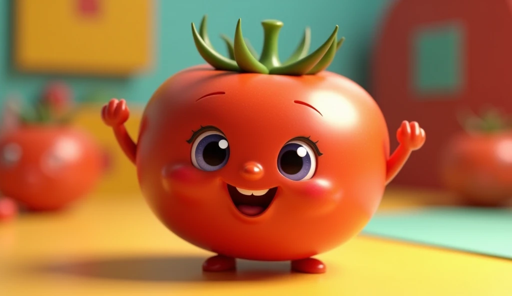a cute cartoon character vegetable, a tomato, colorful, vibrant, whimsical, fun, cheerful, playful, dynamic pose, appealing to children, 4k, 8k, highres, masterpiece, ultra-detailed, realistic, photorealistic, photo-realistic, HDR, UHD, studio lighting, ultra-fine painting, sharp focus, physically-based rendering, extreme detail description, professional, vivid colors, bokeh