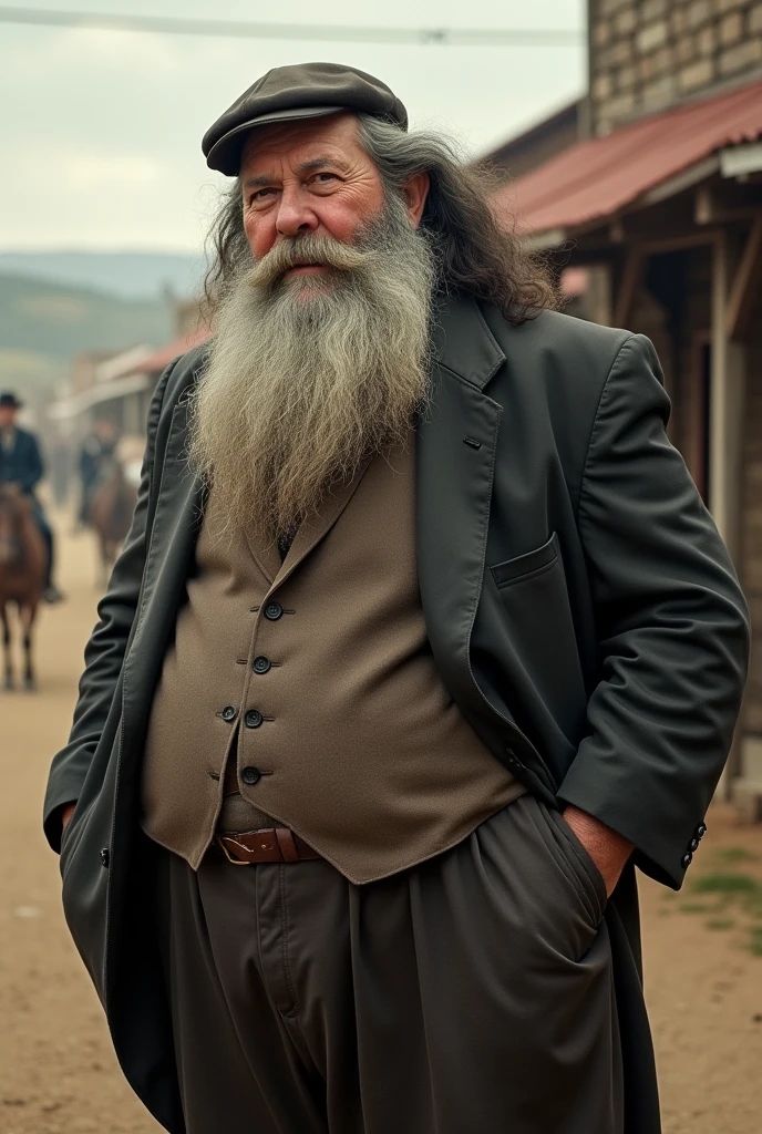 old and very fat man, big black hair with a very long forehead and very bald in the center of the head, big white beards without mustache or goatee, 1900s clothing living in Texas