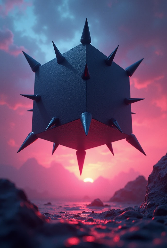 Cube with spikes floating in the sky, bright dark color.