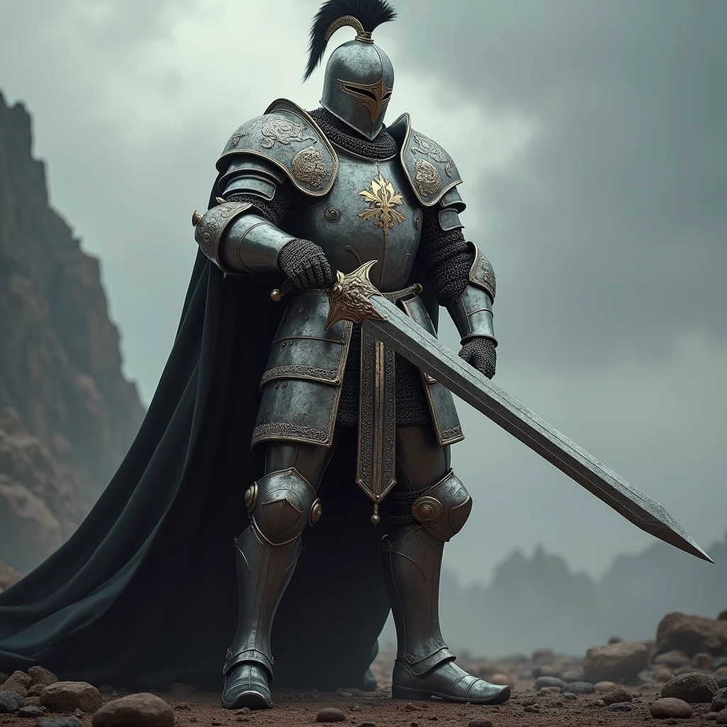 a knight in medieval super heavy armor, wielding a very long sword, medieval riding helmet