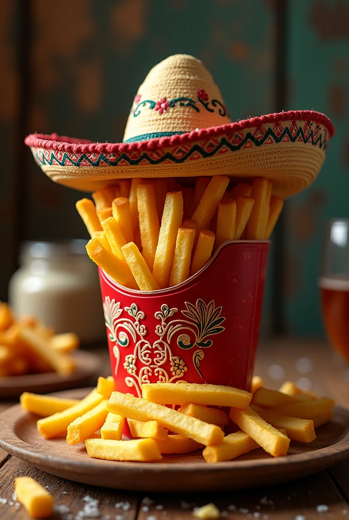A logo for a French fries business with a charro hat