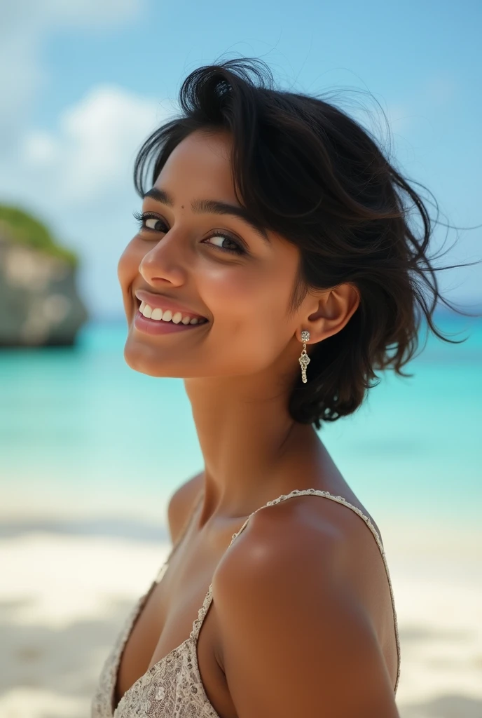 A photograph of Indian  girl, bright smile, 30s,Cute face, short hairs ,beautiful, detailed face , full body , looking at Beach on Island, portrait, 8k uhd, high quality , Beautiful model

INFO
