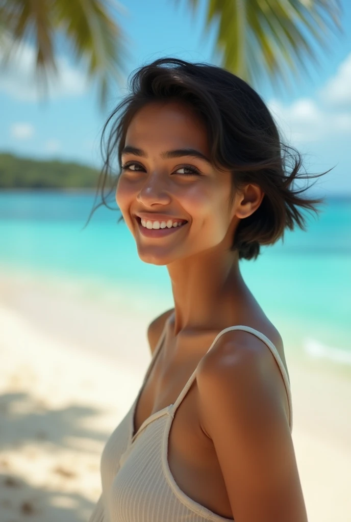 A photograph of Indian teen girl, bright smile, 30s,Cute face, short hairs ,beautiful, detailed face , full body , looking at Beach on Island, portrait, 8k uhd, high quality , Beautiful model
INFO