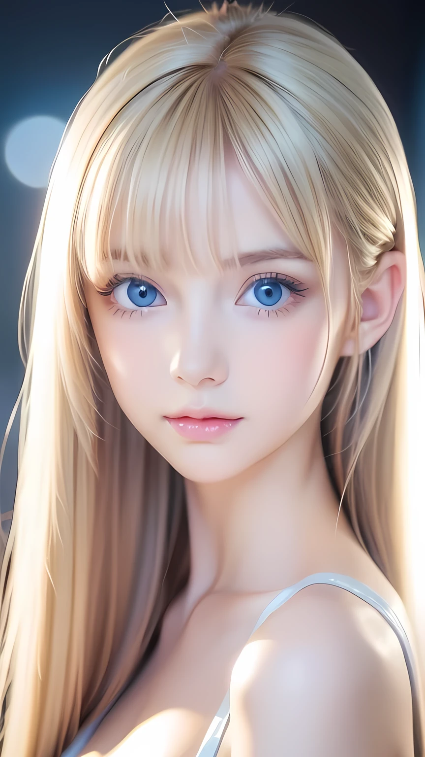 Very beautiful blonde hair、Bright Blue Eyes、Beautiful Girl、1 Nordic beauty、Shiny, super long, straight, silky hair、Beautiful natural platinum blonde、Very bright, large light blue eyes that shine beautifully、Double eyelids、Big eyes、Small Face Beauty、round face、Cheek gloss highlighter、Ample breasts、Very white and shiny skin、Blonde hair color that changes with light、Long bangs obstruct the view、Sexy and very beautiful lovely cute gorgeous face、The most beautiful face in the world、smooth, straight hair、Shining light blue eyes、Beautiful bangs、Beautiful cute girl、disheveled bangs above the eyes,