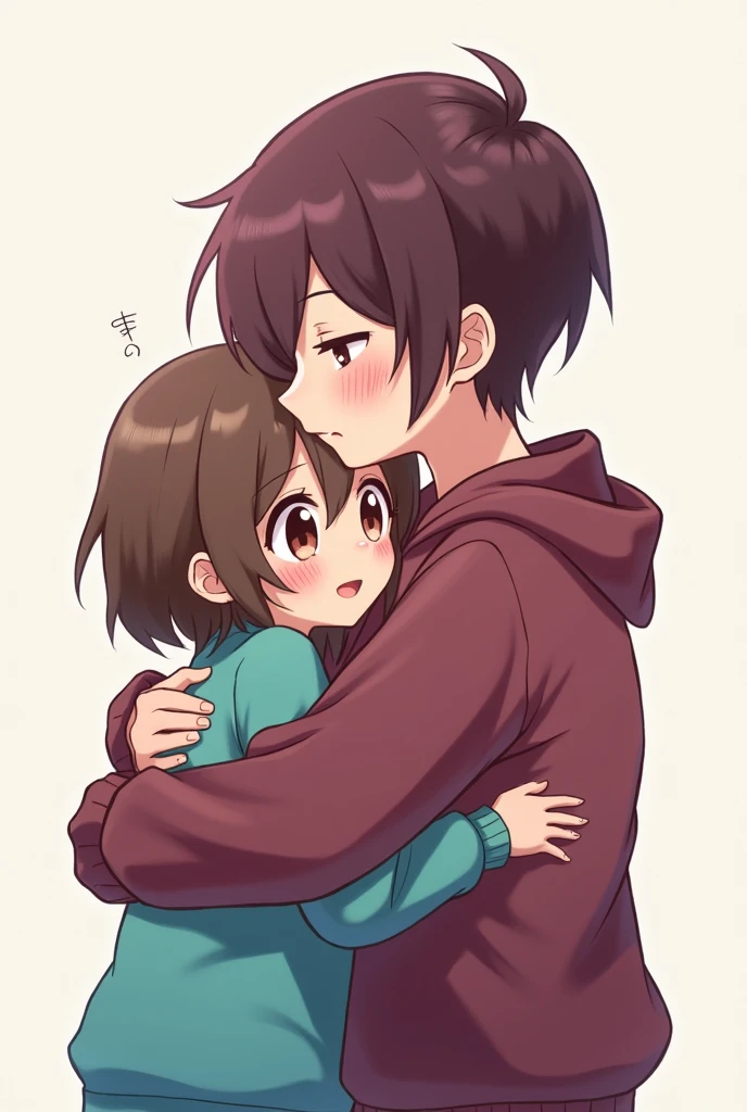 Anime Style - One , lowrise, short hair and brown eyes, wearing a cyan sweatshirt, embracing a higher one, wearing a wine-colored sweatshirt and short, curly hair.