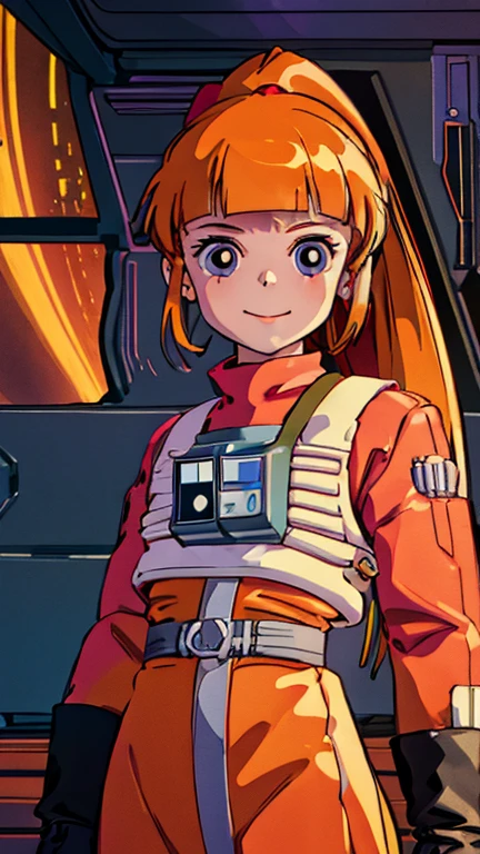 (1girl, solo, highly insanely detailed, masterpiece, top quality, best quality, highres, 4k, 8k, RAW photo),((innocent look)),((Childish)),From the front, symmetrical composition,smile,cute,Innocent,Kind eyes,Flat chest, (ghibli style), dark, neon light spaceship interior, (ppgzbs), (eyes, orange long hair, ponytail, hair bow, blunt bangs), rebel pilot suit,