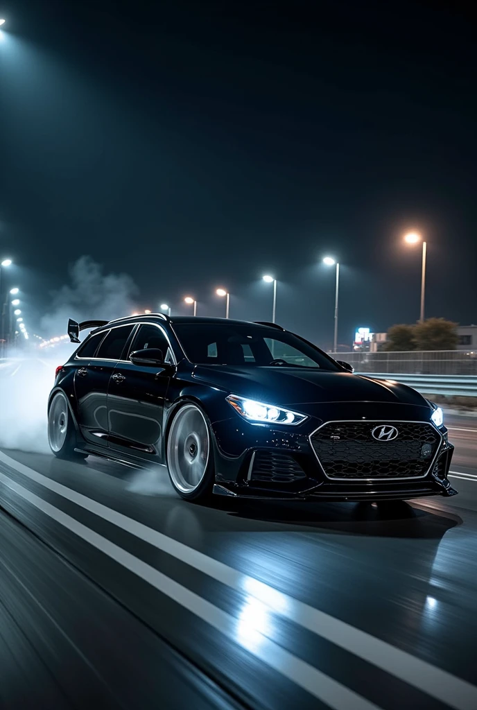 Hyundai i40 station wagon in black tuned with white rims racing an Audi TT black with black rims and a big spoiler at the night