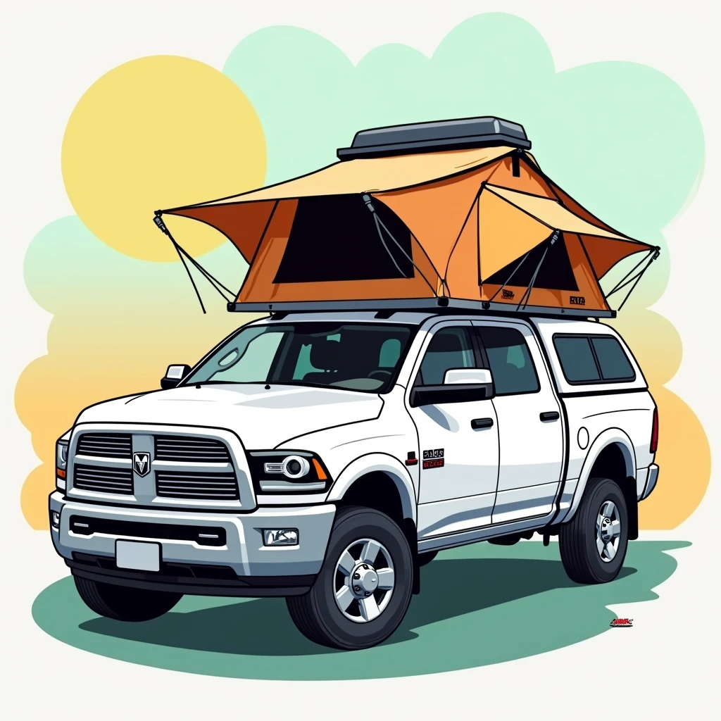 Create a cartoon style image of a white Dodge RAM pickup truck with an Eezi Awn pop-up roof tent right on the bed, that opens backwards.