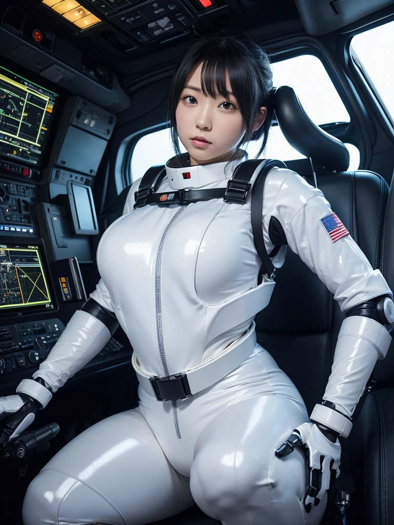 Japanese female android,Black Hair,He is securely fastened to his cockpit seat in a spacecraft by a thick harness.,Plump,Slightly thicker,Spread your legs,Squat,Shiny white robot suit,Robotic arms and legs,Surrounded by switches and monitors,