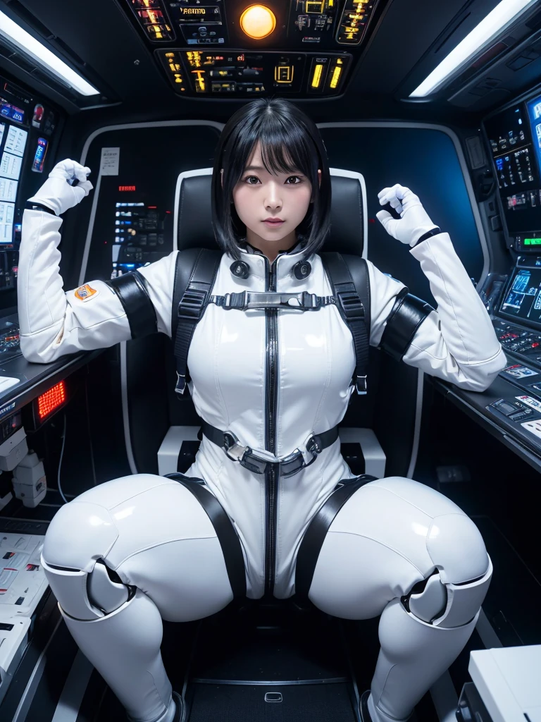 A Japanese girl poses with her whole body in a metallic silver space suit, helmet and oxygen tank