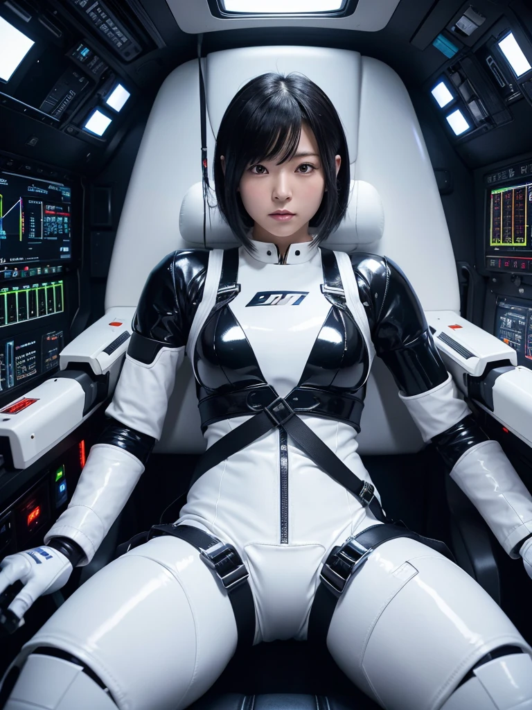 Japanese female android,Black Hair,He is securely fastened to his pit seat in a spacecraft by a thick harness.,Plump,Slightly thicker,Spread your legs,Squat,Shiny white robot suit,Robotic arms and legs,Surrounded by switches and monitors,