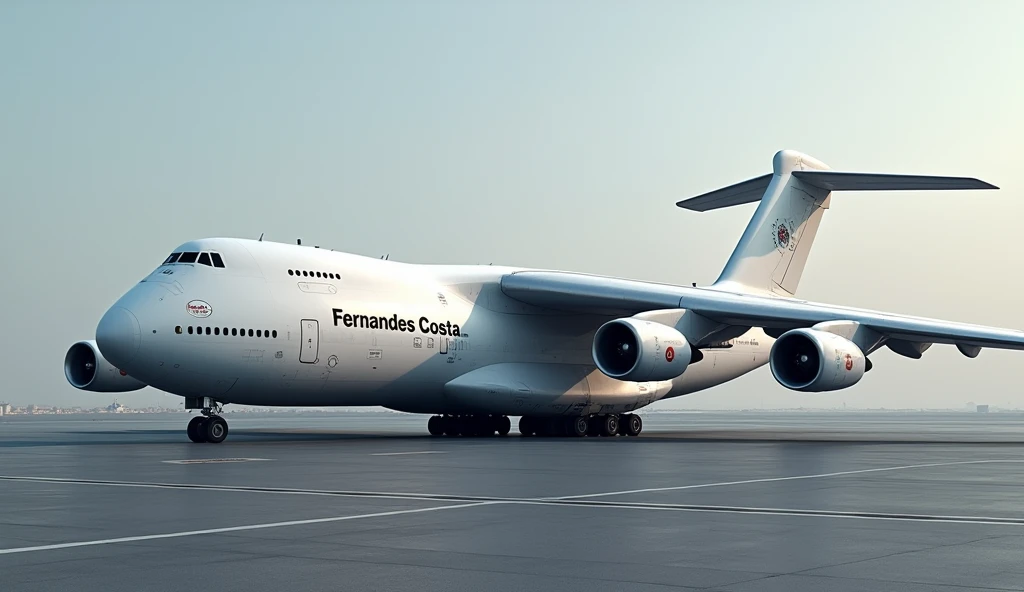 Create a large aircraft with six turbofan engines, each mounted on the wings in a triple configuration on each side. The aircraft has four sets of main landing gear, two on each wing, and a pair of smaller landing gear located at the wingtips for stability. The plane's fuselage is white, with minimal details to highlight its structure and aerodynamic design. The wings are robust and well defined, reflecting the power of the engines and the weight-bearing capacity of the aircraft. With the name FERNANDES COSTA in black on the fuselage