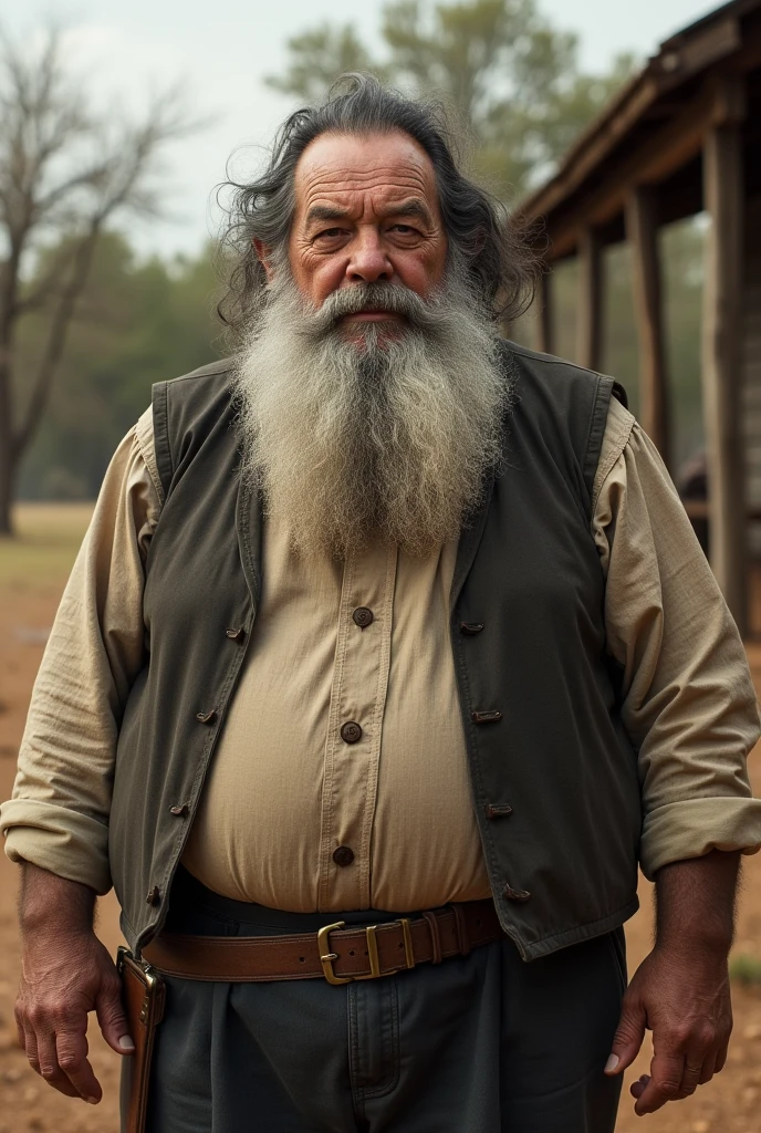 old and very fat man, big black hair with a very long forehead and very bald in the center of the head, big white beards without mustache or goatee, 1900s clothing without a hat who lives in Texas