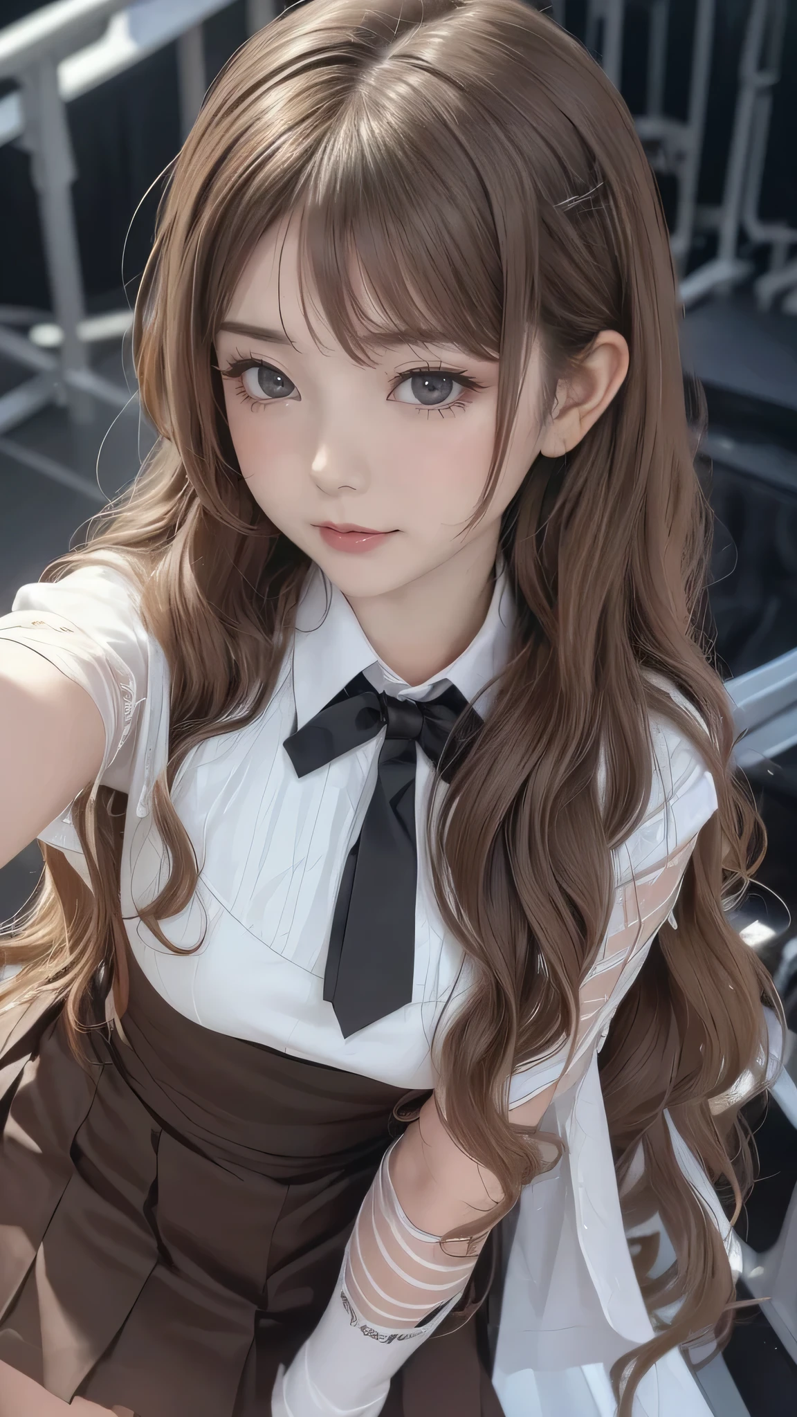 Realistic, masterpiece, highest quality, Highest Resolution, one Japanese high school girl, , Upper body photo, Looks sleepy, Spaced out, Mouth open, Beautiful and detailed eye drawing, (droopy eyes:1.3), Dark Eyes, Thin eyebrows, Carefully draw eyelashes, Eyelash extensions, Gal Makeup, Orange teak,  (White brown wavy hair with white mesh, long hair, middle part:1.3), (hidden creased eyelids:1.3), (Gothic school uniform:1.2), (The subject was photographed from above at an angle:1.3), (Flower Field:1.3), (Close up on face, Standing up and trying to grab the audience:1.5)