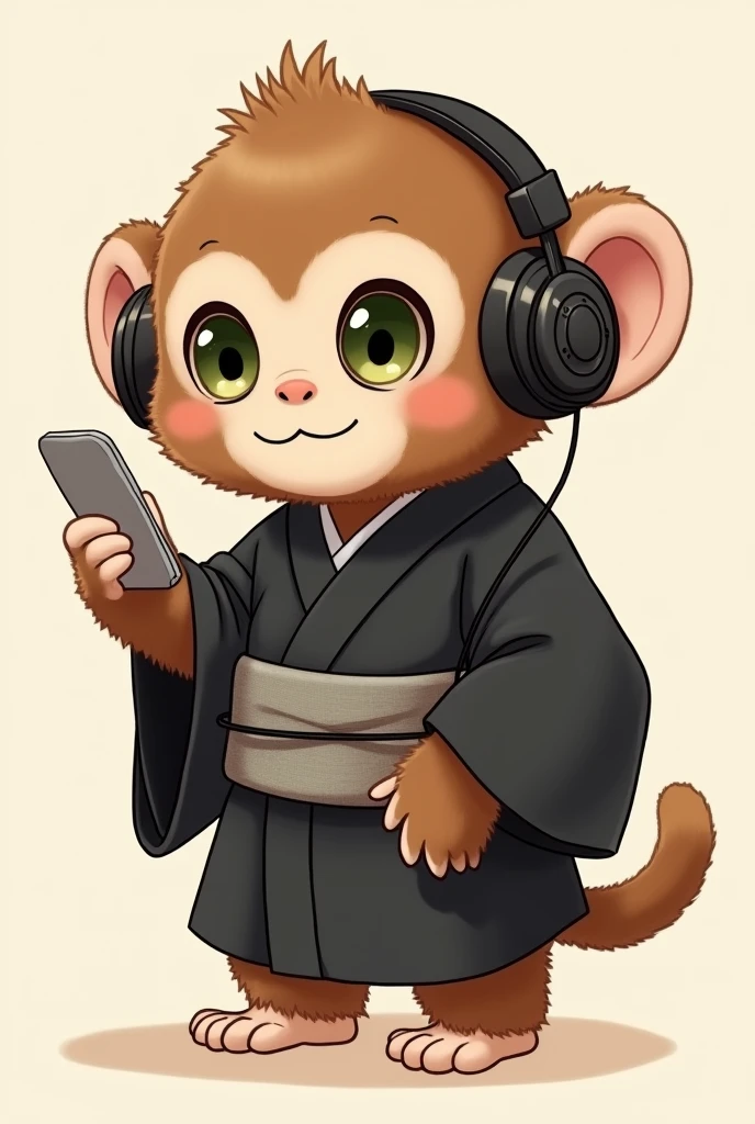 A little monkey, filhote, fluffly, with brown fur and green eyes. He is wearing a black kimono with a gray belt and using headphones.
