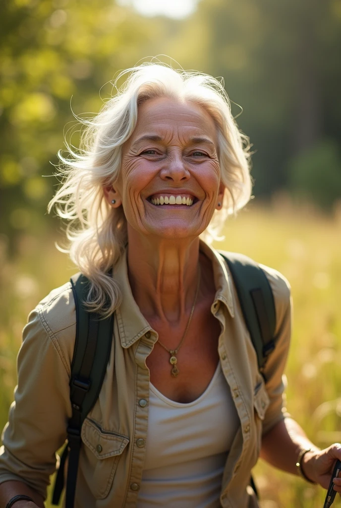 A woman over 60 years old smiling, enjoying a walk outdoors or participating in an activity you are passionate about such as cycling