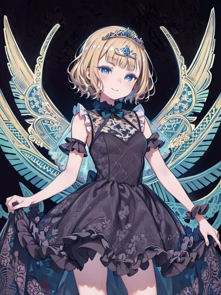 masterpiece, Highest quality, Very detailed, High resolution, Japanese anime,One Girl, (White skin:1.2), Blonde, (short hair:1.4), (Blunt bangs:1.3), Curly Hair, Wavy Hair, Drill Hair, (eyelash:1.3), (eye shadow:1.3), (blue eyes:1.5), (Beautiful details:1.4), Eyes half closed, height: 130cm, original character, Fantasy, (Black background:1.2), Beautiful fingers, Are standing, (lace ruffled dresses:1.5), (tiara:1.5) , Shoot from the front, Show Viewer、Smiling、