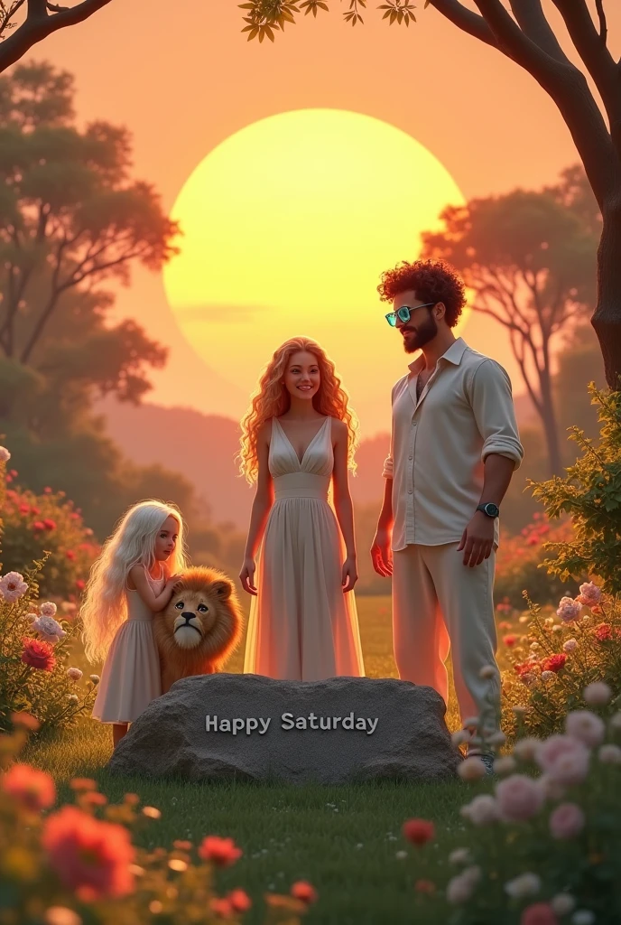Realism Wonderful shining sunset, with beautiful flowers in a vast and splendid Garden.
03 people in this image.
little white, long black hair, white gown brincando com um Leão.
tall white woman, Long curly blonde hair, white gown.
tall white man, curly black hair, sem beard, transparent blue glasses, white outfit.
Stone name plate: Happy Saturday.
Large stone engraved with the name HAPPY SATURDAY!
4k realism
