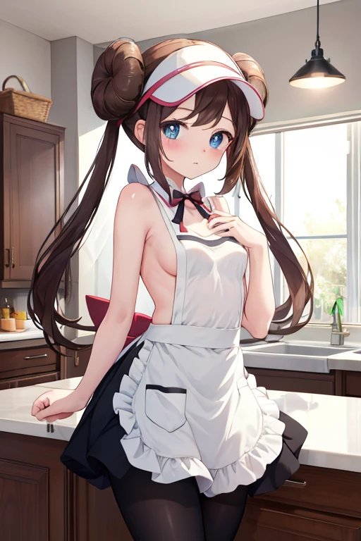 apron, Old kitchen, Waistline, Frills, Newly Married, heart, 14yo, shy, Sideboob, ((Small breasts)), masterpiece, highest quality, High resolution, ro1, Hair Bun, Blue eyes, Twin tails, Visor Cap, pantyhose, NUDE, Black Stockings, 